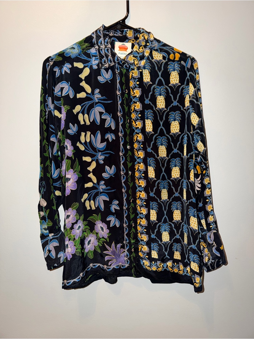 FARM Rio Winter Garden Pajama Shirt Black and blue tropical sz Small Whimsical